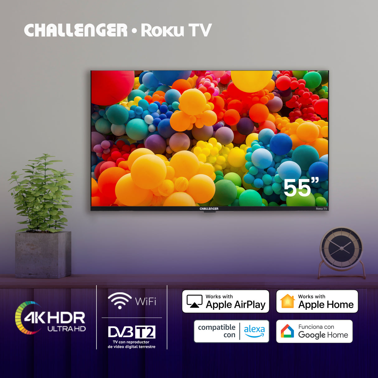 Televisor Smart Challenger Roku Negro 122.5x70.9cm de 55" Pulgadas 4K con Wifi Integrado y con Bluetooth