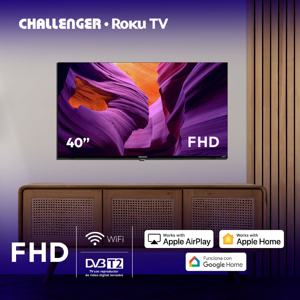 Televisor Smart Challenger Roku Negro 89.2x51.5cm de 40" Pulgadas Full HD con Wifi Integrado y con Bluetooth