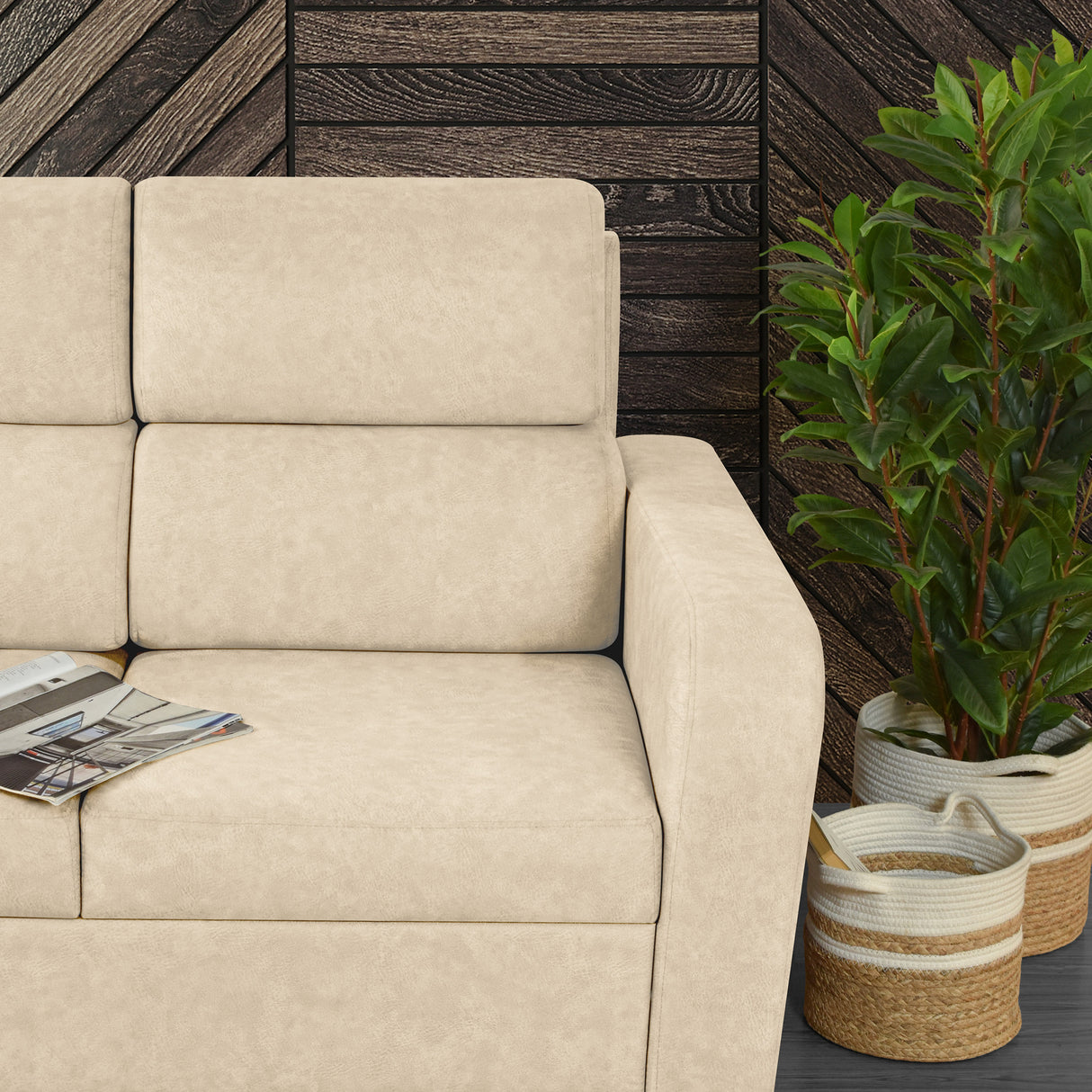 Sofá Bethel Beige Sky y Madera Cromo 148x95cm de Dos Puestos con Apoya Brazos