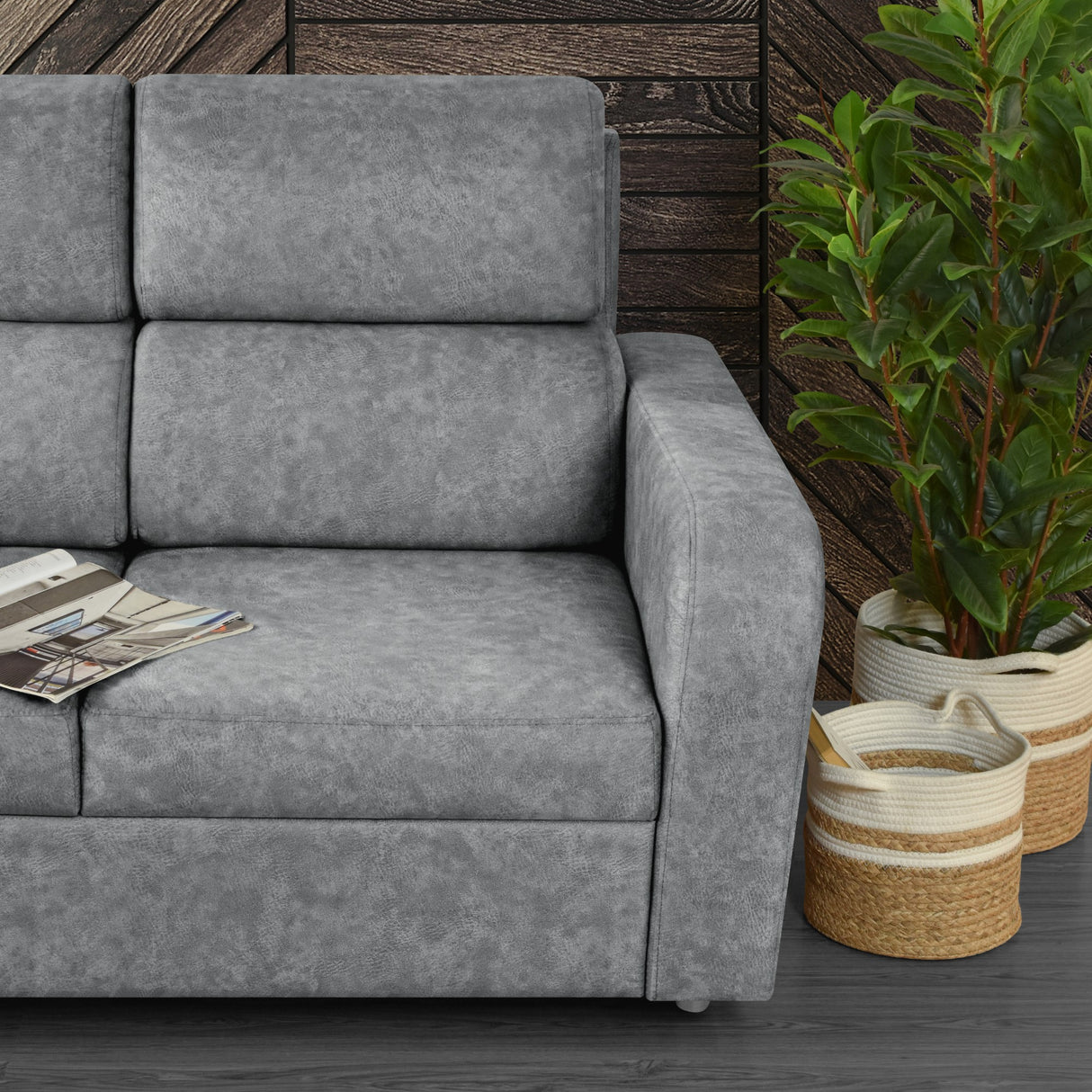 Sofá Bethel Gris Sky y Madera Cromo 148x95cm de Dos Puestos con Apoya Brazos