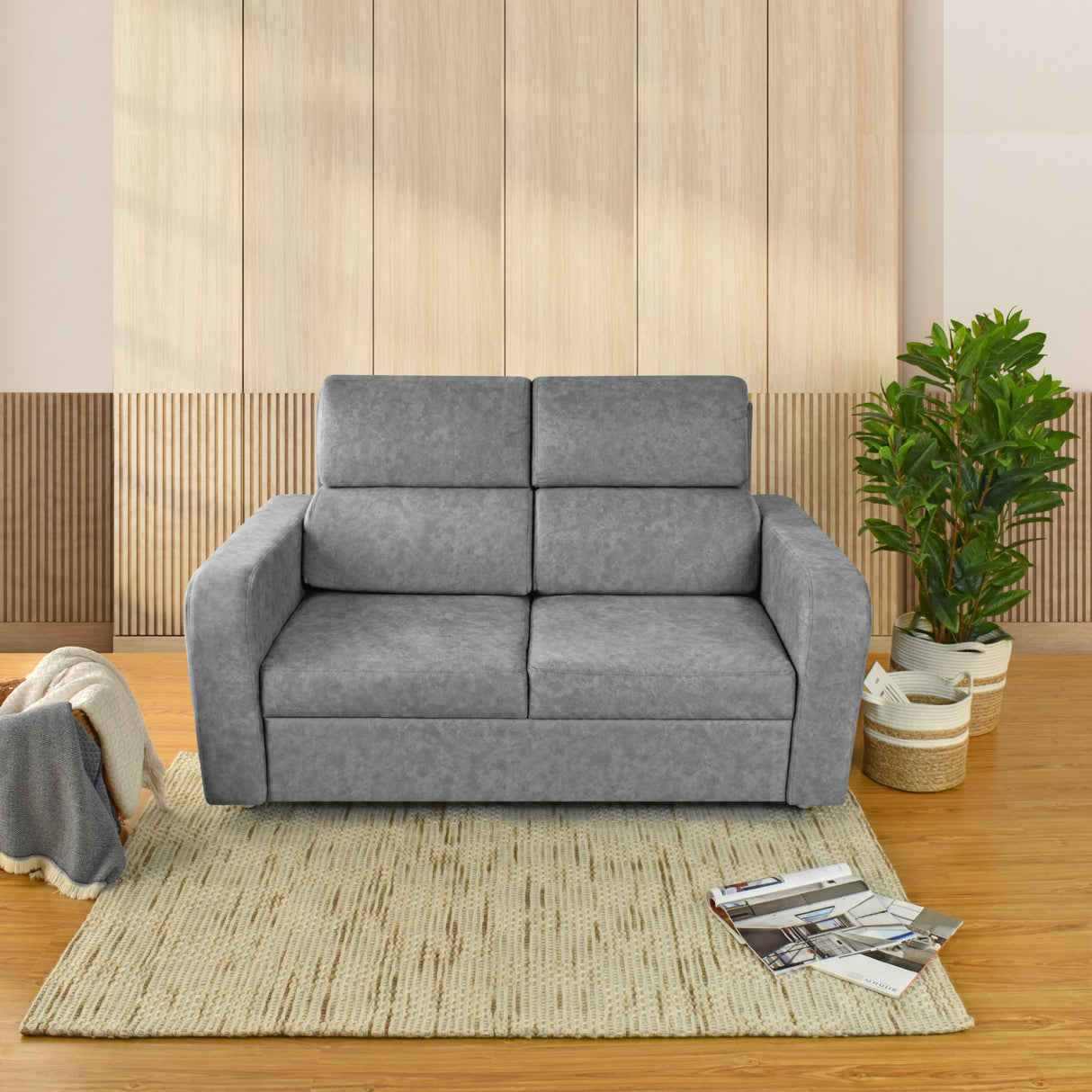 Sofá Bethel Gris Sky y Madera Cromo 148x95cm de Dos Puestos con Apoya Brazos