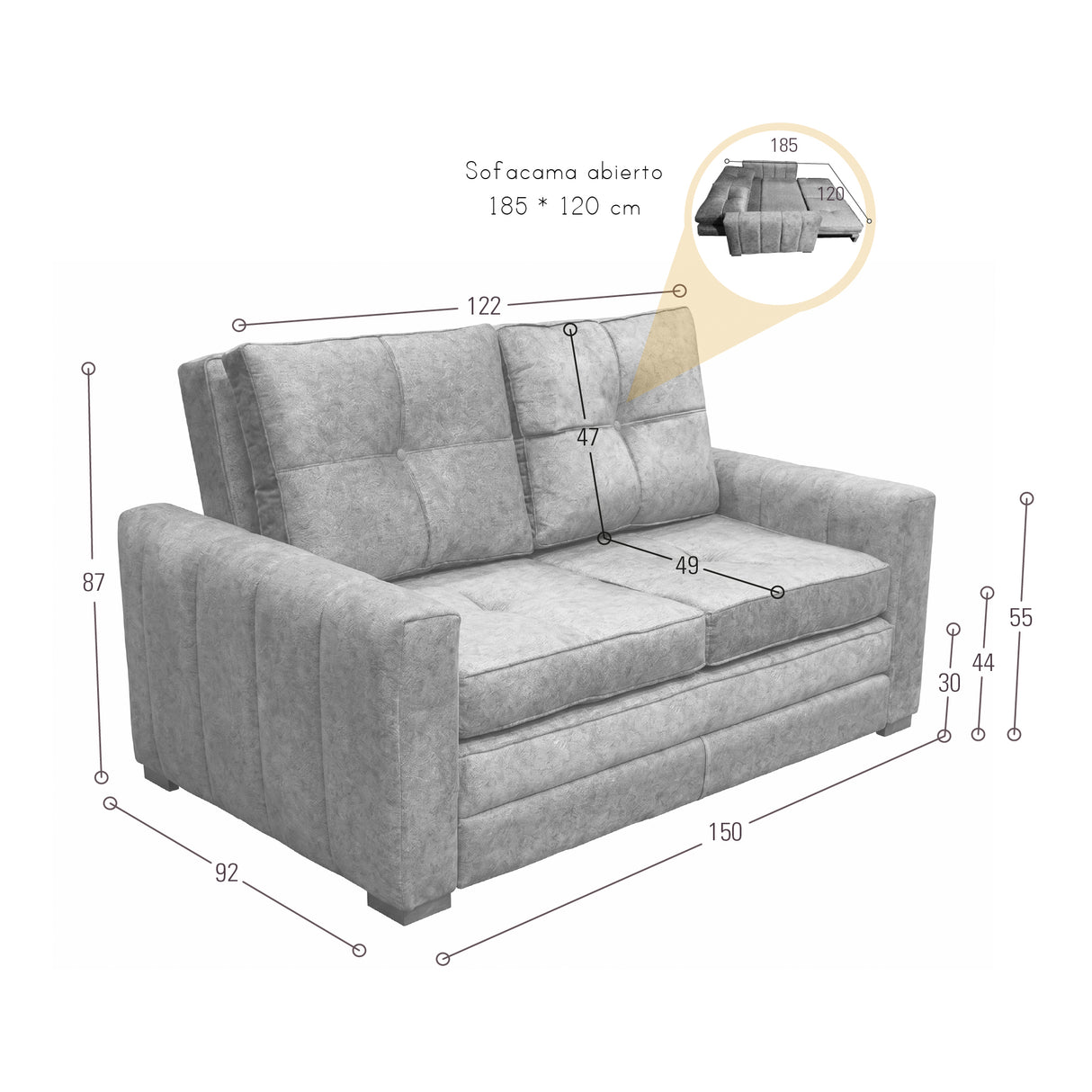 Sofá Cama Doha Plata Sky y Matiz Caoba 150x87cm de Dos Puestos con Apoya Brazos