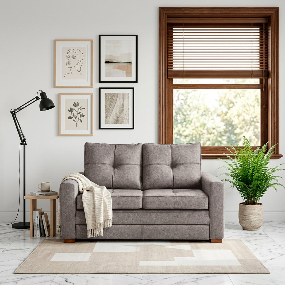 Sofá Cama Doha Taupe Sky y Matiz Caoba 150x87cm de Dos Puestos con Apoya Brazos