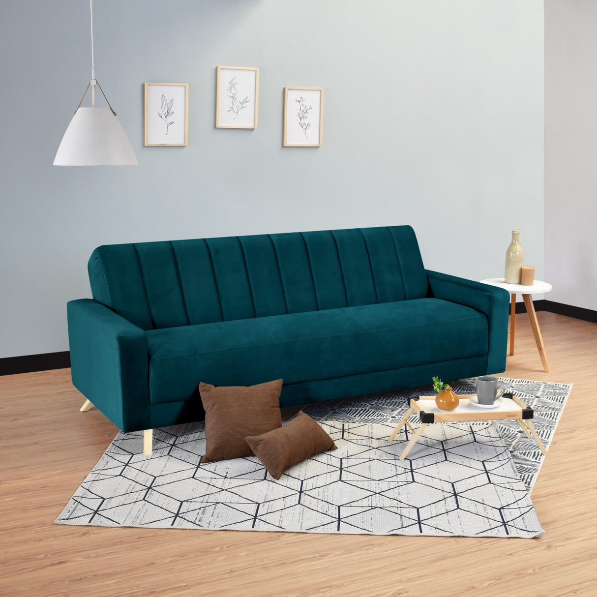 Sofá Cama Dominic Petróleo Denver y Matiz Natural 206x80cm de Tres Puestos Reclinable con Apoya Brazos