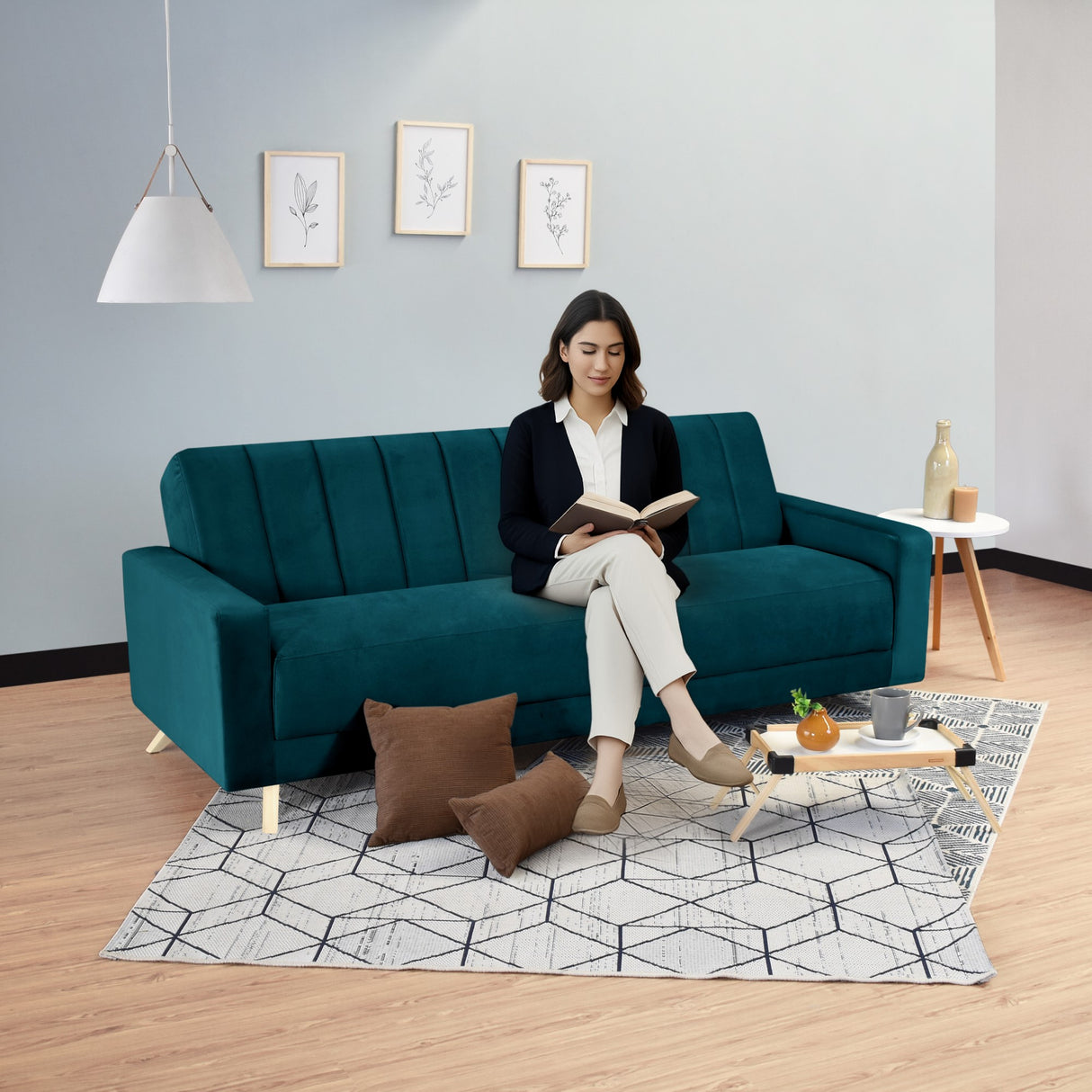 Sofá Cama Dominic Petróleo Denver y Matiz Natural 206x80cm de Tres Puestos Reclinable con Apoya Brazos