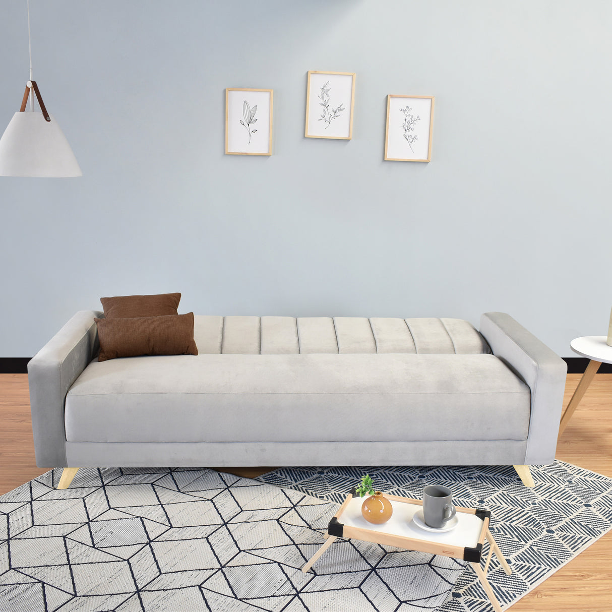 Sofá Cama Dominic Plata Denver y Matiz Natural 206x80cm de Tres Puestos Reclinable con Apoya Brazos