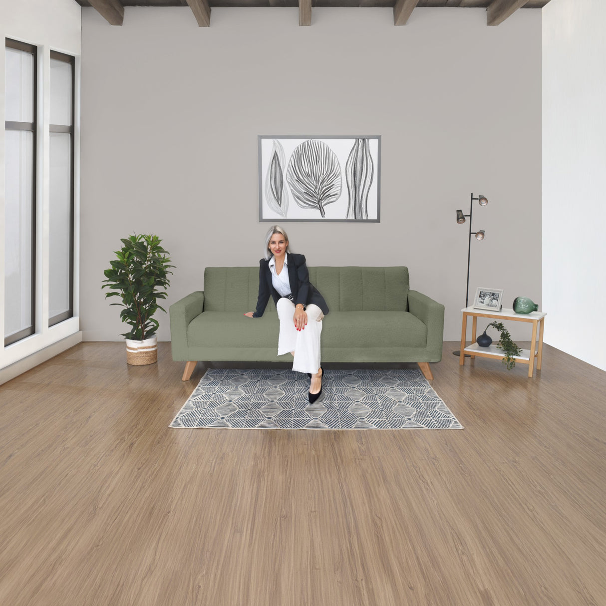 Sofá Cama Dominic Verde Shaggy y Matiz Natural 206x80cm de Tres Puestos Reclinable con Apoya Brazos