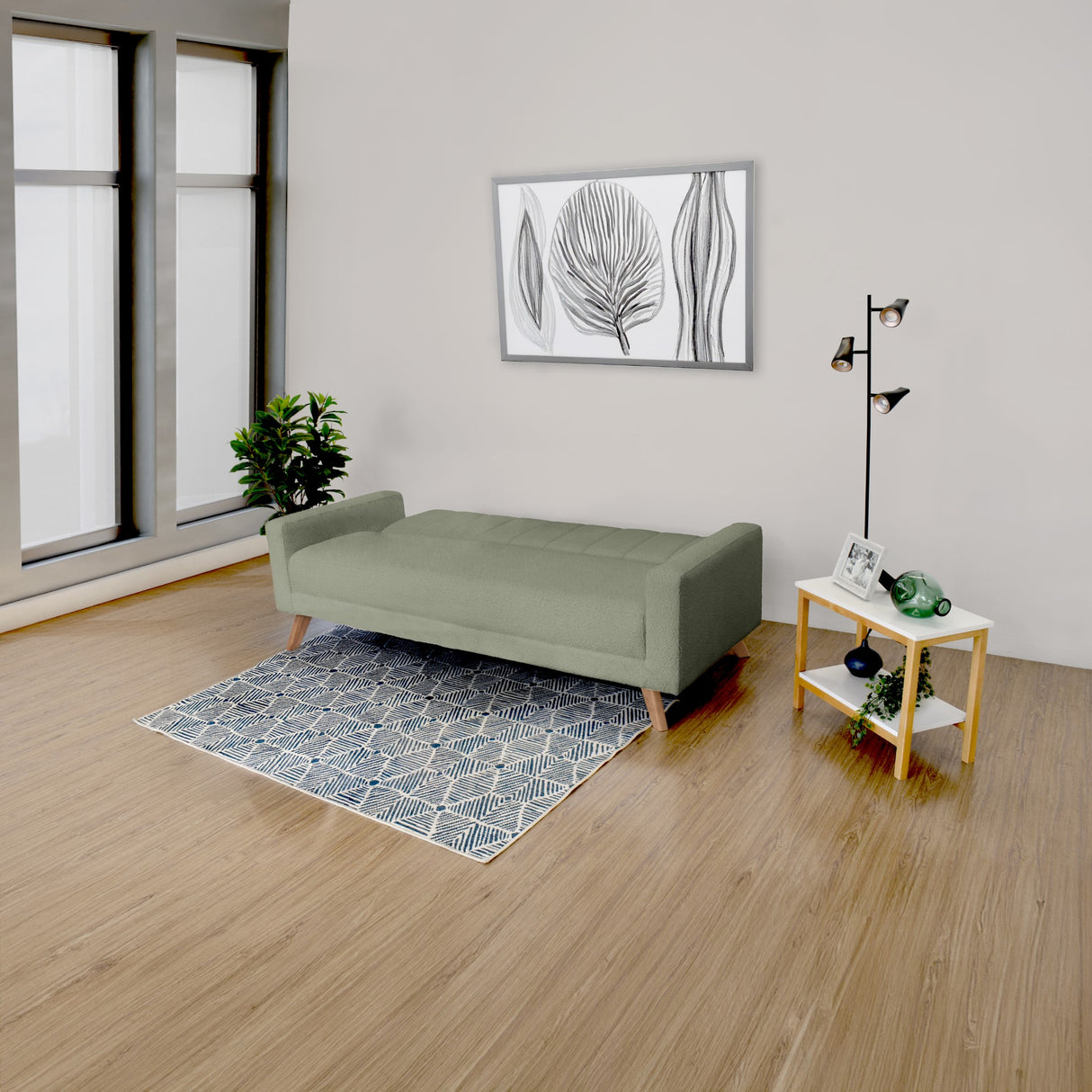 Sofá Cama Dominic Verde Shaggy y Matiz Natural 206x80cm de Tres Puestos Reclinable con Apoya Brazos