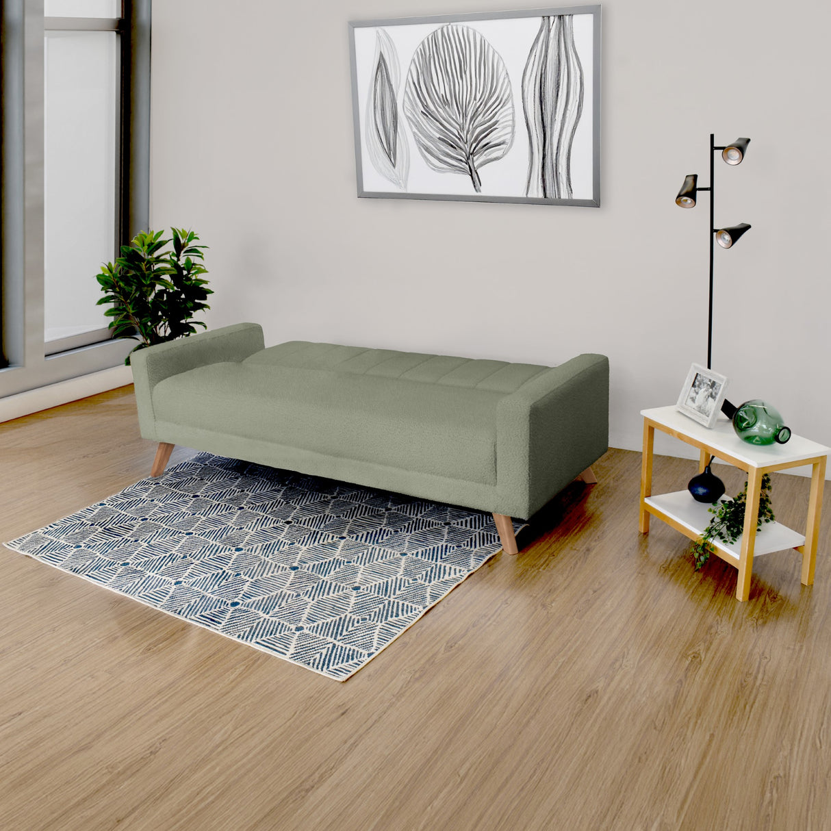 Sofá Cama Dominic Verde Shaggy y Matiz Natural 206x80cm de Tres Puestos Reclinable con Apoya Brazos