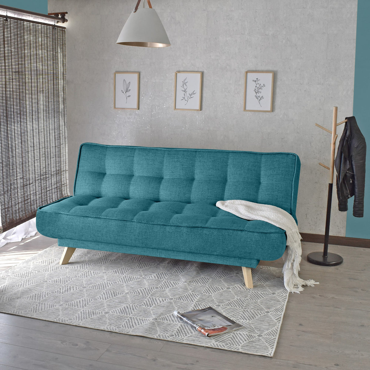 Sofá Cama Gales Petróleo Eureka y Matiz Natural 180x84cm de Tres Puestos Reclinable sin Apoya Brazos