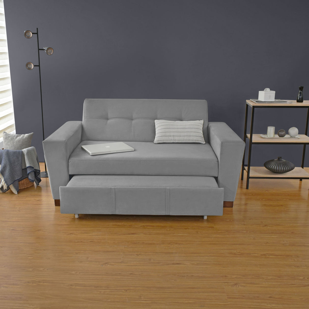 Sofá Cama Hamburgo Gris Denver y Matiz Wengue 160x86cm de Dos Puestos Reclinable sin Apoya Brazos