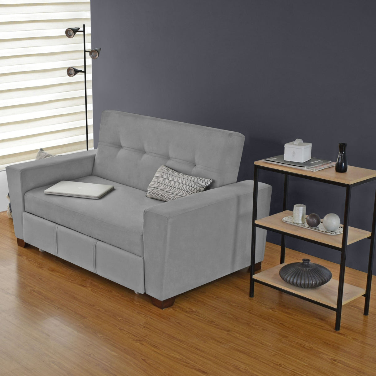 Sofá Cama Hamburgo Gris Denver y Matiz Wengue 160x86cm de Dos Puestos Reclinable sin Apoya Brazos