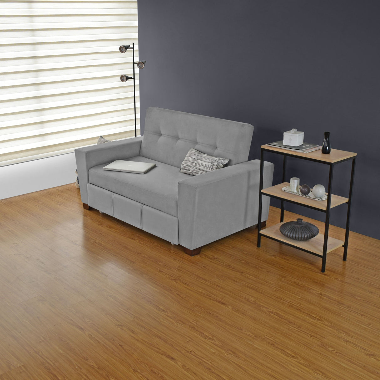 Sofá Cama Hamburgo Gris Denver y Matiz Wengue 160x86cm de Dos Puestos Reclinable sin Apoya Brazos