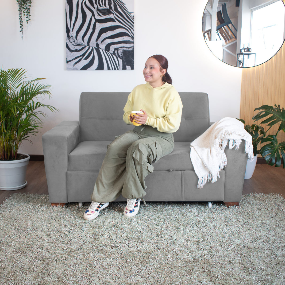 Sofá Cama Hamburgo Gris Denver y Matiz Wengue 160x86cm de Dos Puestos Reclinable sin Apoya Brazos