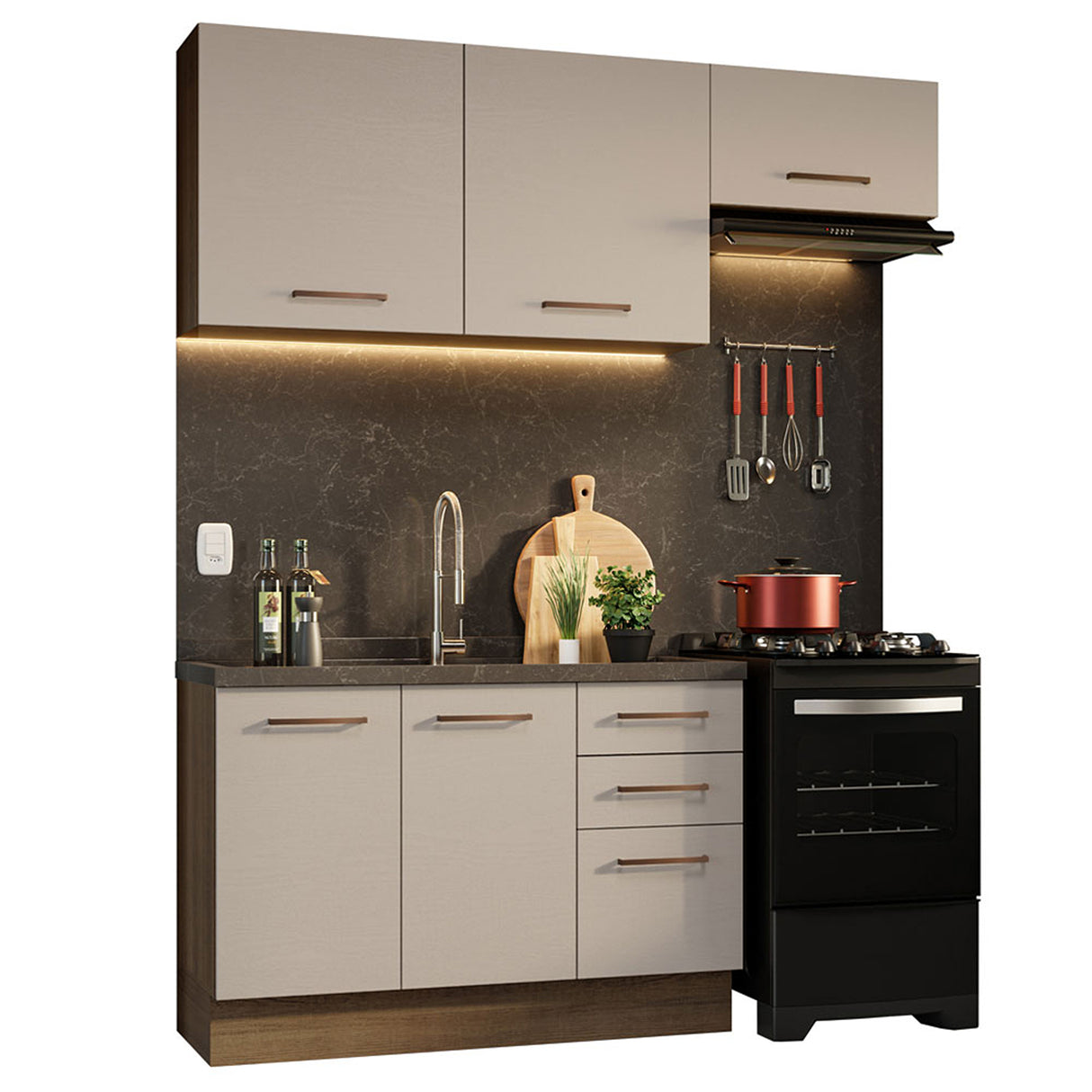 Cocina Integral Agata Marron y Crema 180x225cm para Mesón Lado Izquierdo sin Mesón y sin Estufa