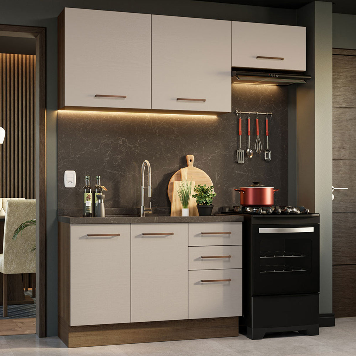 Cocina Integral Agata Marron y Crema 180x225cm para Mesón Lado Izquierdo sin Mesón y sin Estufa