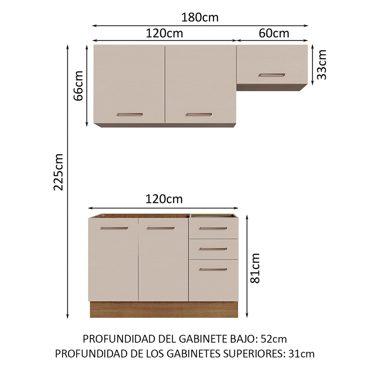 Cocina Integral Agata Marron y Crema 180x225cm para Mesón Lado Izquierdo sin Mesón y sin Estufa