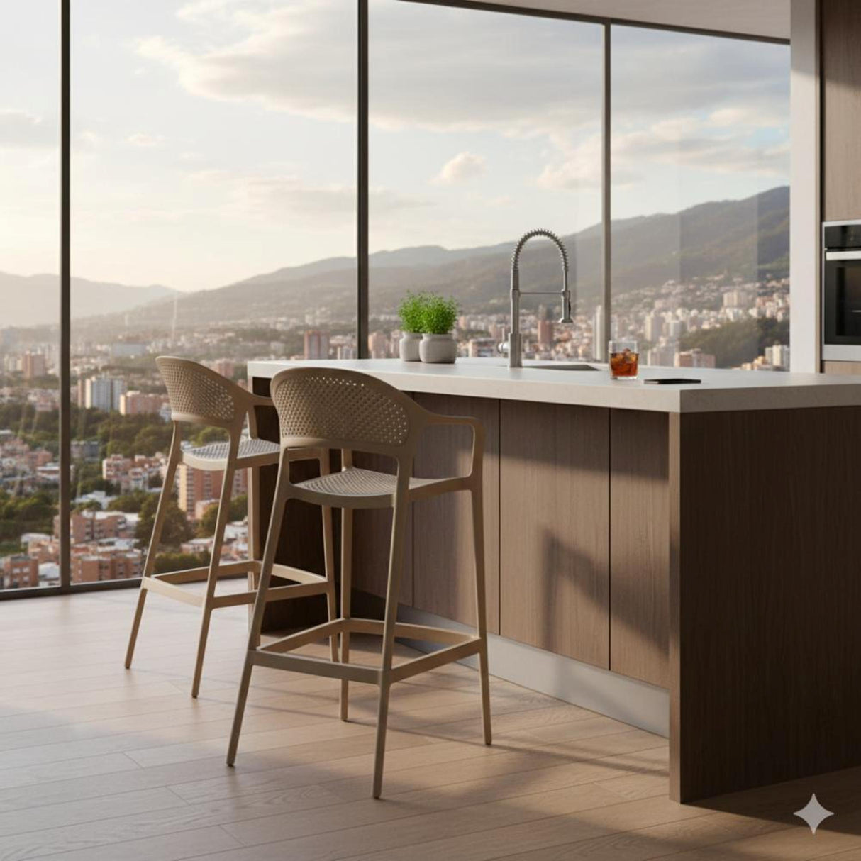 Silla Bar para Exteriores Curitiva Taupe 56x109cm con Espaldar y con Apoya Brazos