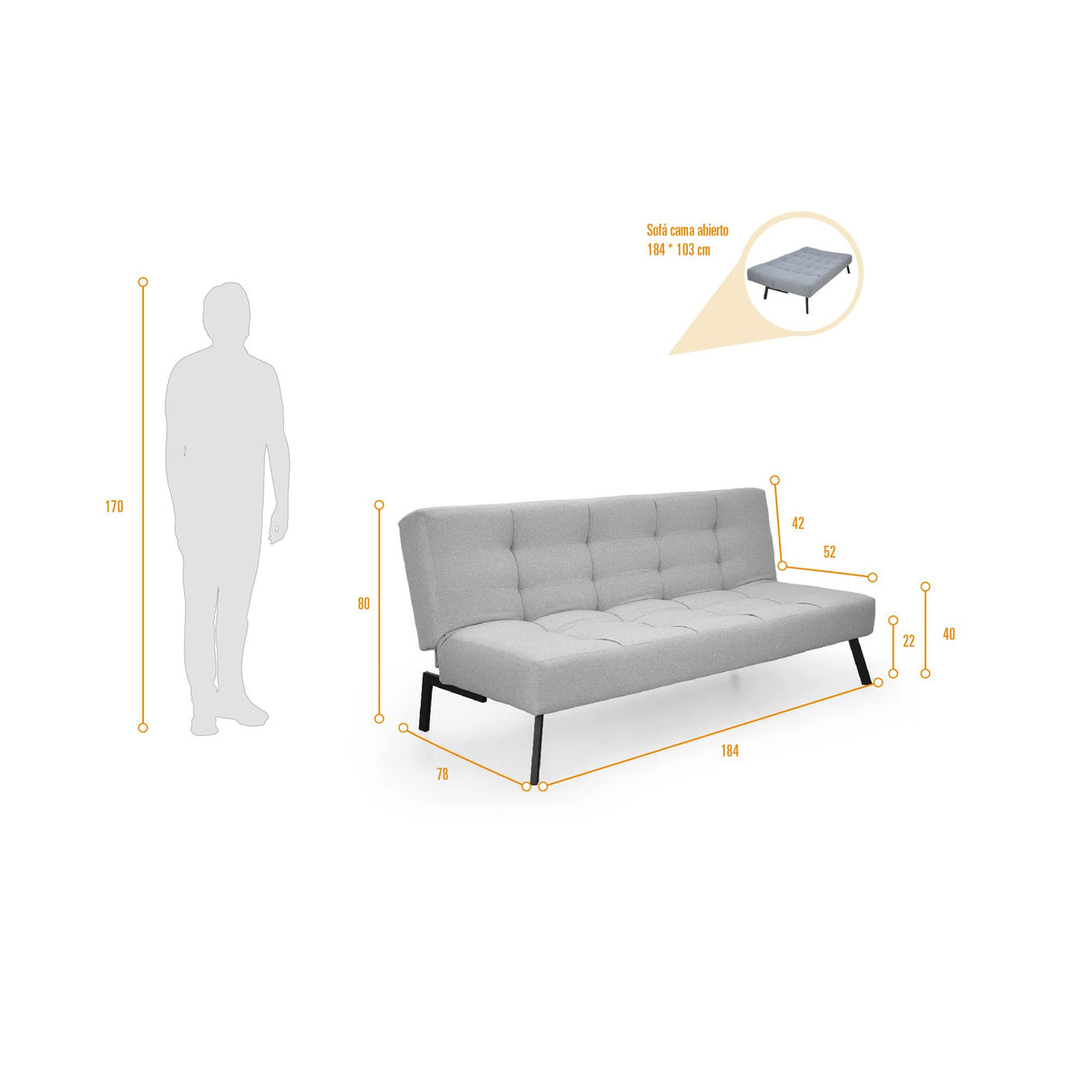 Sofá Cama Asher Plomo Eureka y Metálico Negro 184x80cm de Tres Puestos Reclinable sin Apoya Brazos
