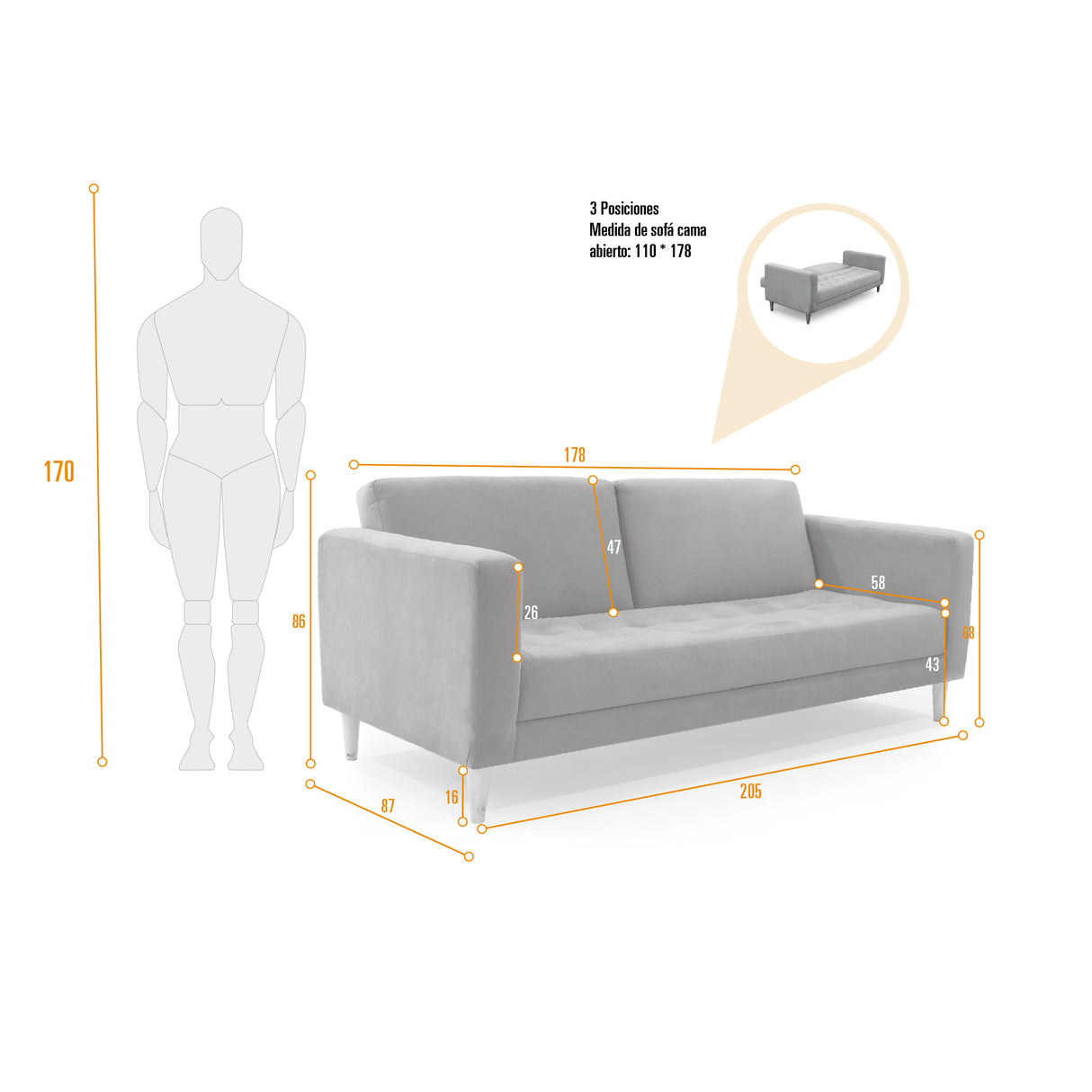 Sofá Cama Babilonia Petróleo Denver y Matiz Natural 205x86cm de Tres Puestos Reclinable sin Apoya Brazos