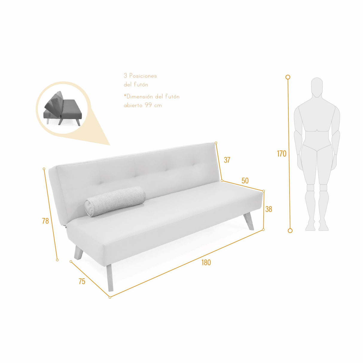Sofá Cama London Plata Denver y Matiz Natural 180x78cm de Dos Puestos Reclinable sin Apoya Brazos