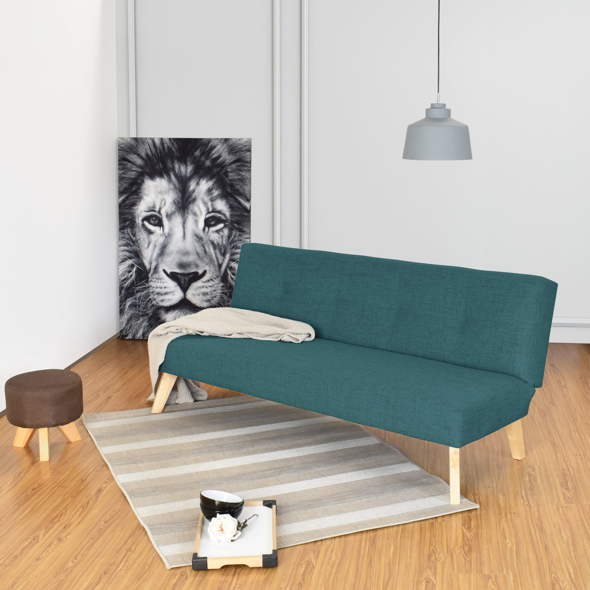 Sofá Cama London Petróleo Eureka y Matiz Natural 180x78cm de Dos Puestos Reclinable sin Apoya Brazos