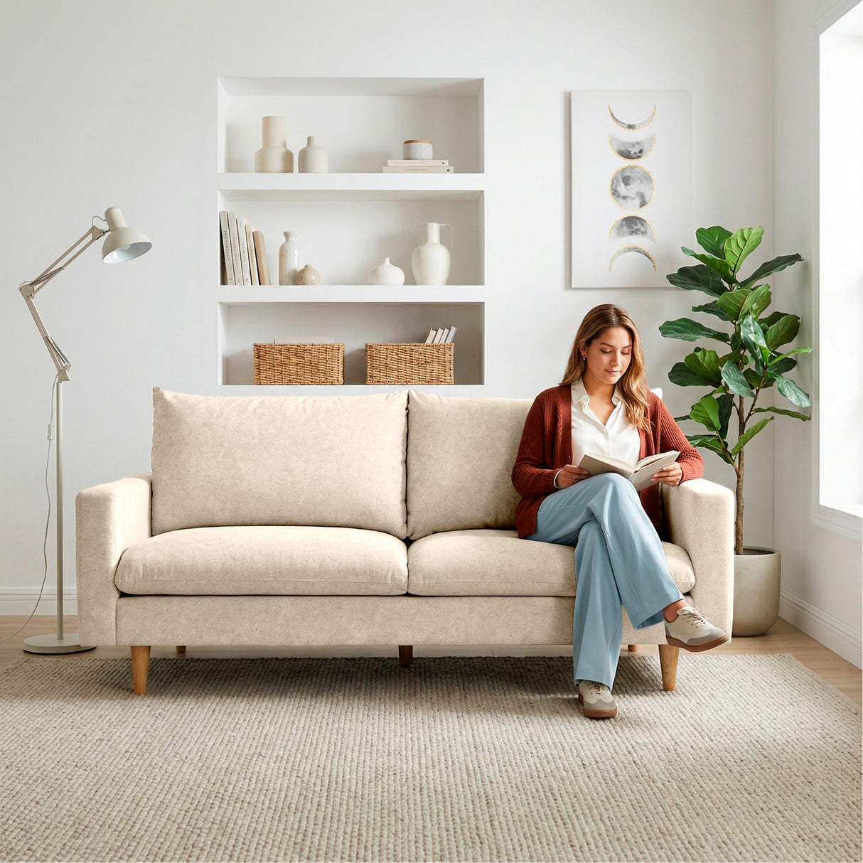 Sofá Louisiana Beige Sky y Matiz Caoba 195x93cm de Tres Puestos con Apoya Brazos