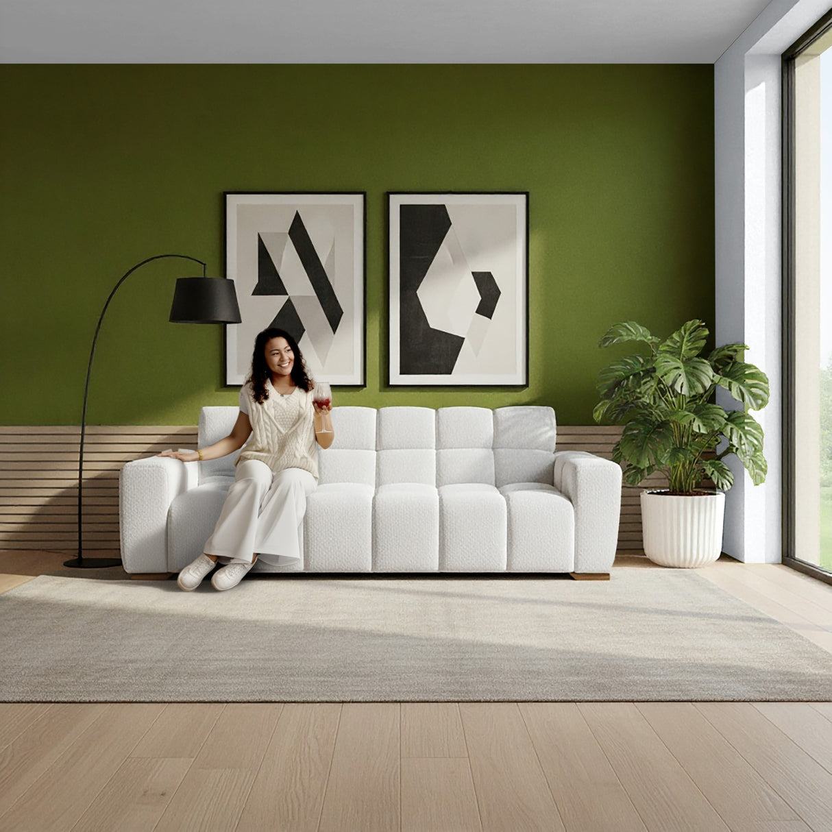 Sofá Cama Miami Blanco Shaggy y Matiz Caoba 228x78cm de Tres Puestos Reclinable con Apoya Brazos