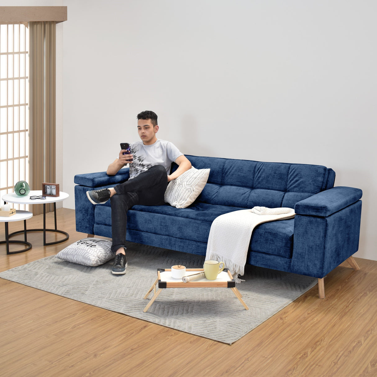 Sofá Cama Moretto Azul Sky y Matiz Caoba 230x82cm de Tres Puestos Reclinable sin Apoya Brazos
