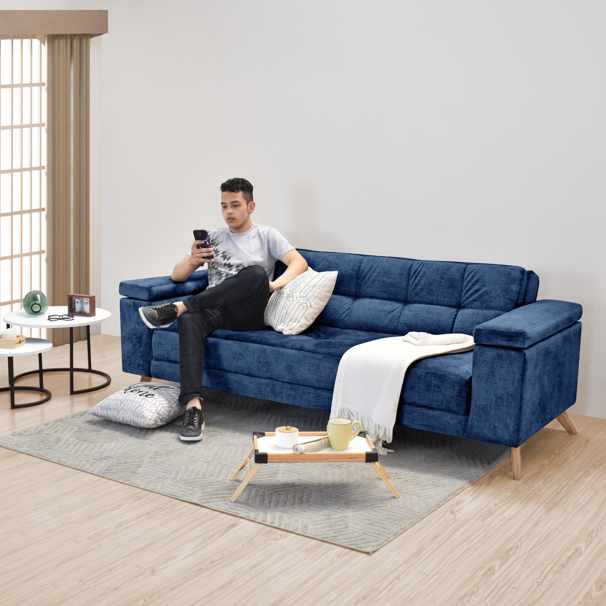 Sofá Cama Moretto Azul Sky y Matiz Caoba 230x82cm de Tres Puestos Reclinable sin Apoya Brazos
