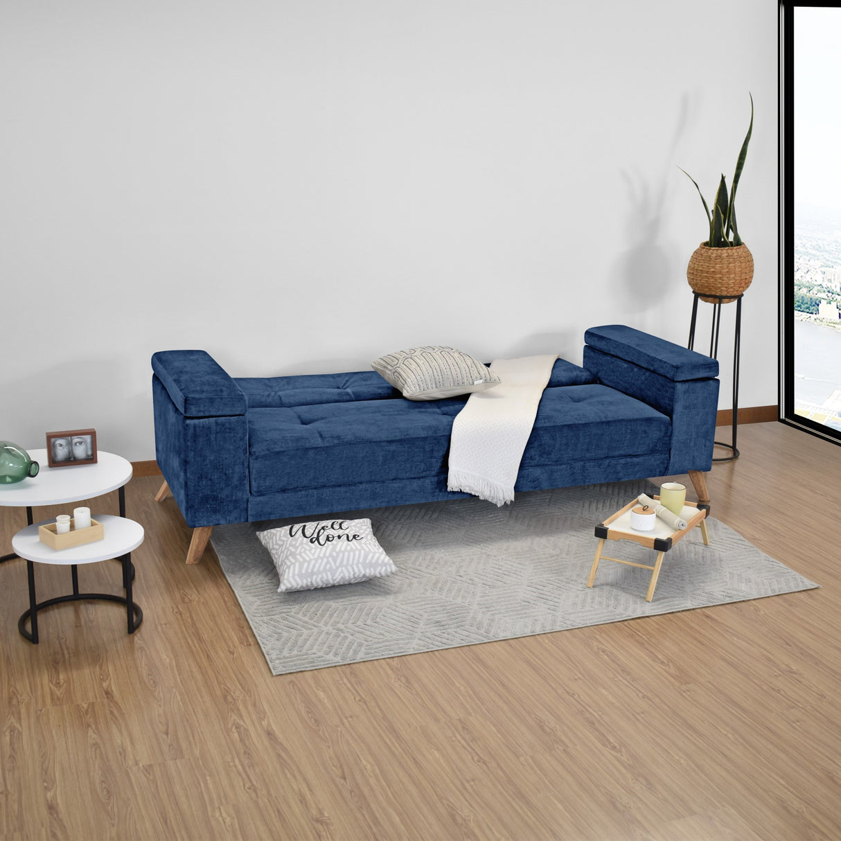 Sofá Cama Moretto Azul Sky y Matiz Caoba 230x82cm de Tres Puestos Reclinable sin Apoya Brazos