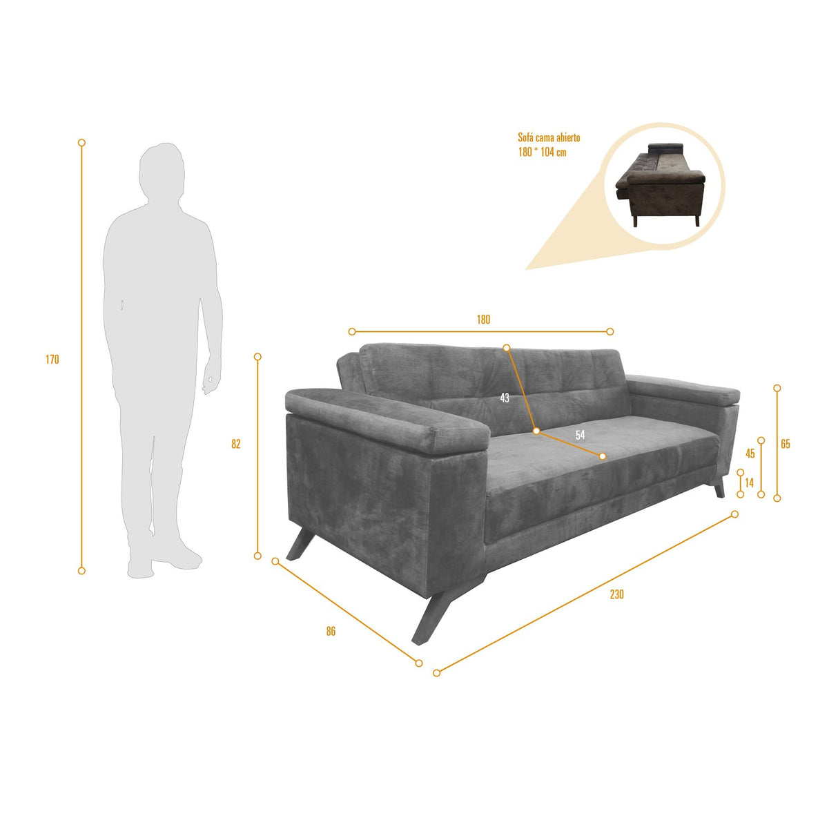 Sofá Cama Moretto Azul Sky y Matiz Caoba 230x82cm de Tres Puestos Reclinable sin Apoya Brazos