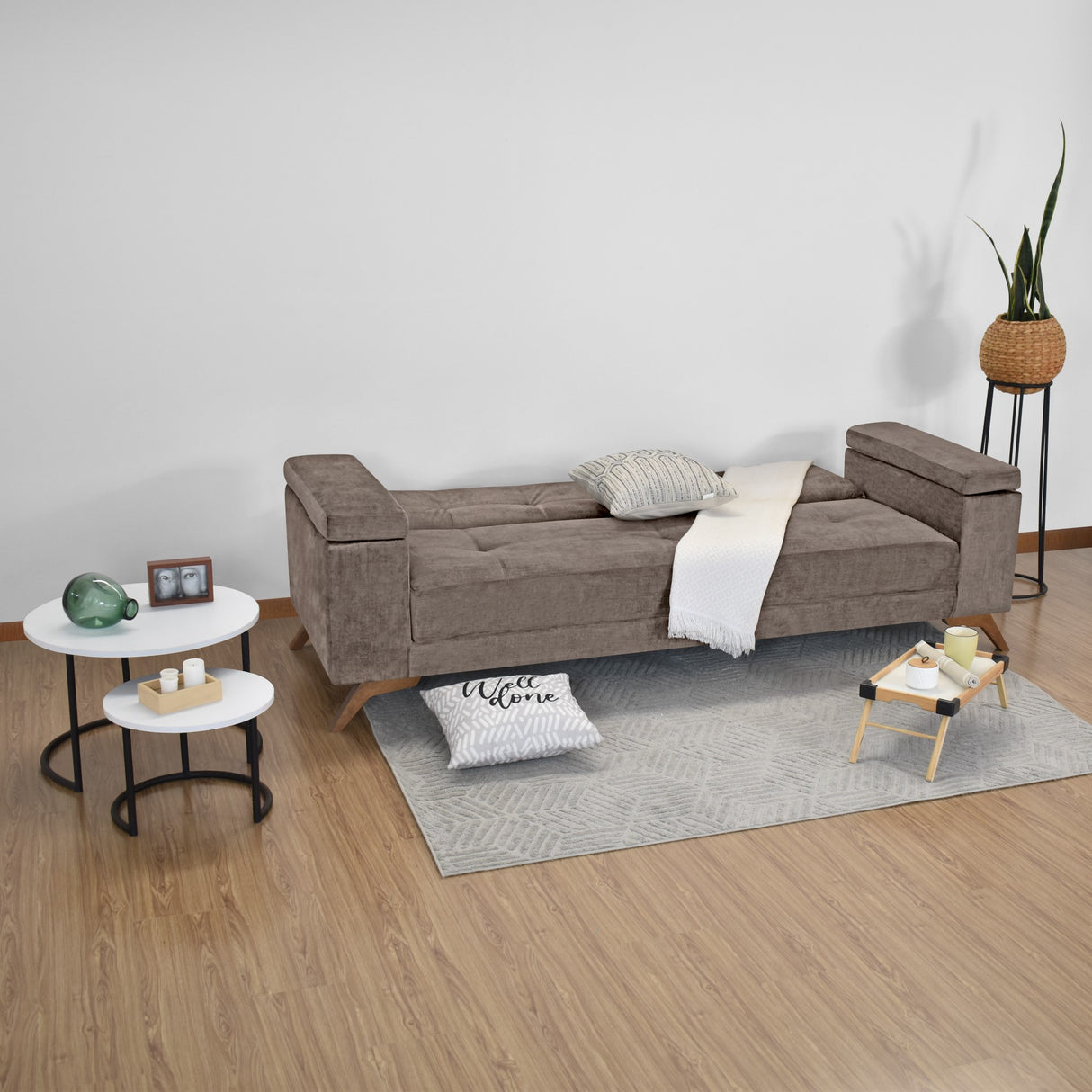 Sofá Cama Moretto Taupe Sky y Matiz Caoba 230x82cm de Tres Puestos Reclinable sin Apoya Brazos