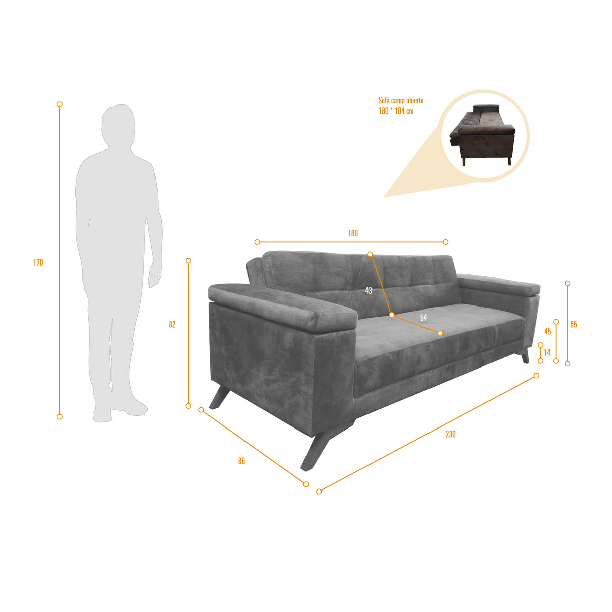 Sofá Cama Moretto Beige Sky y Matiz Caoba 230x82cm de Tres Puestos Reclinable sin Apoya Brazos