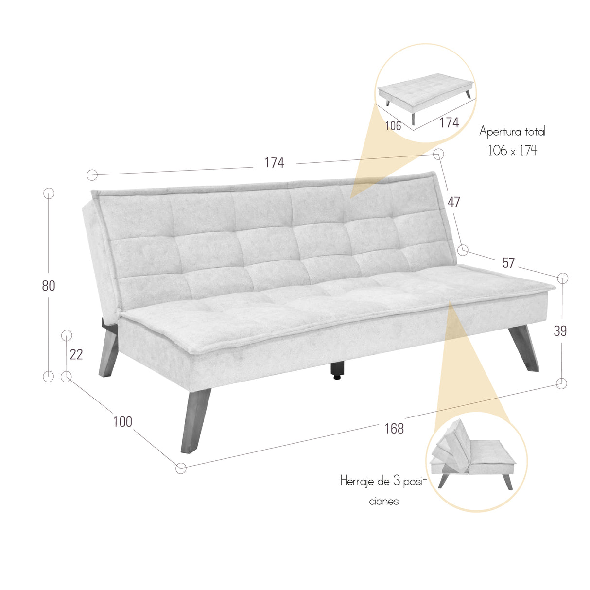 Sofá Cama Morrison Gris Sky y Matiz Caoba 174x80cm de Tres Puestos Reclinable sin Apoya Brazos