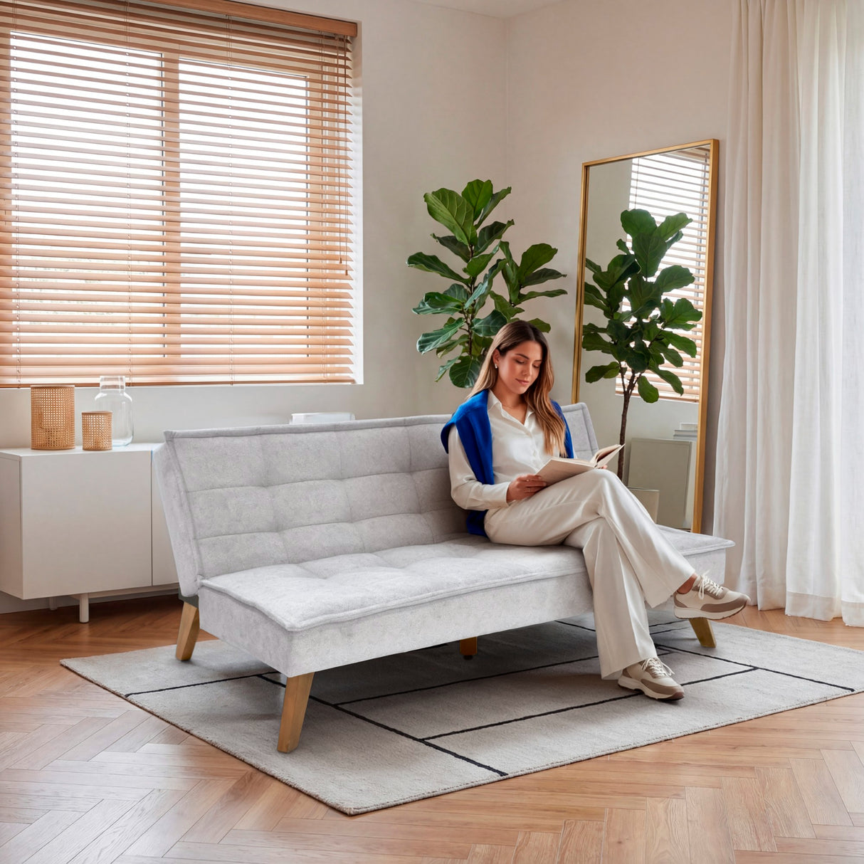 Sofá Cama Morrison Plata Sky y Matiz Caoba 174x80cm de Tres Puestos Reclinable sin Apoya Brazos
