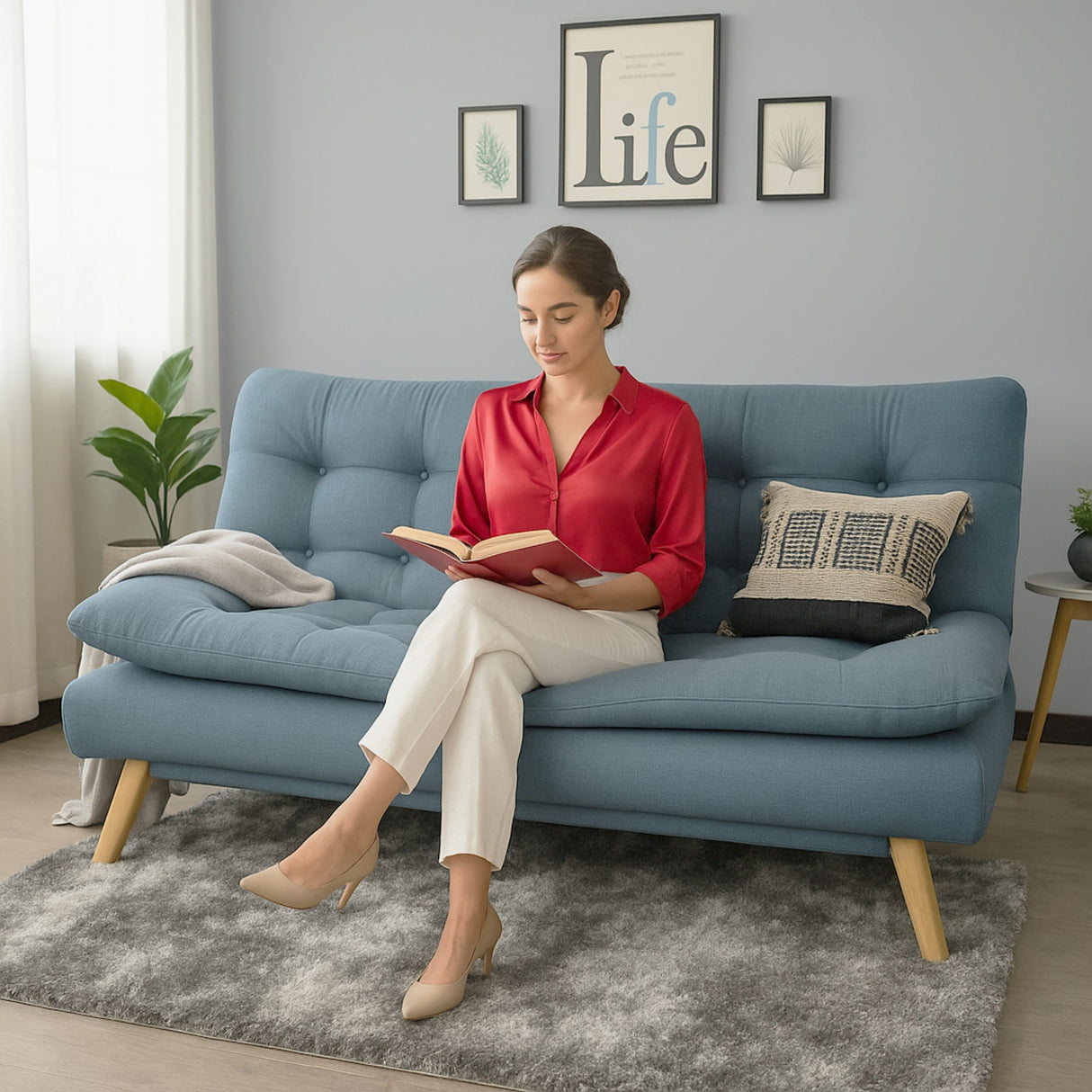 Sofá Cama Munich Índigo Dicosta y Matiz Natural 180x85cm de Tres Puestos Reclinable sin Apoya Brazos