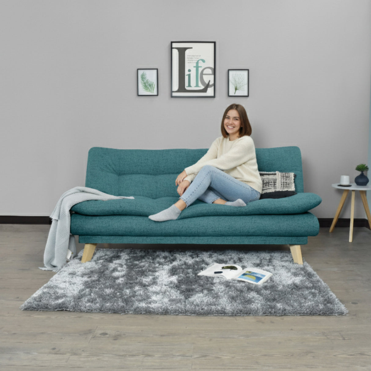 Sofá Cama Munich Petróleo Eureka y Matiz Natural 180x85cm de Tres Puestos Reclinable sin Apoya Brazos