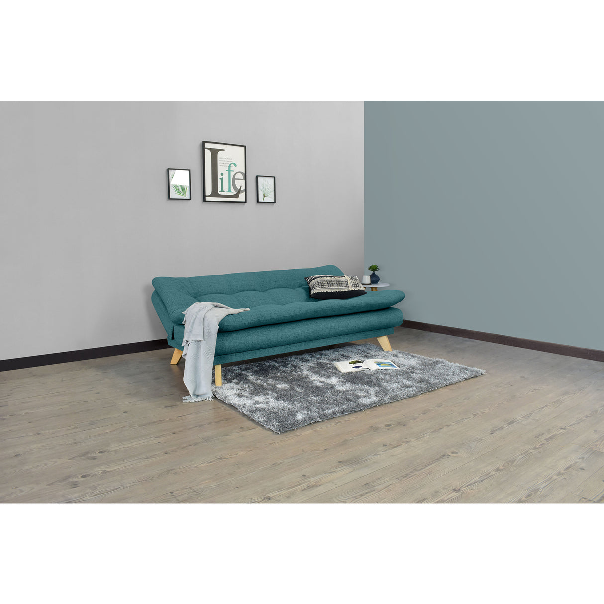 Sofá Cama Munich Petróleo Eureka y Matiz Natural 180x85cm de Tres Puestos Reclinable sin Apoya Brazos