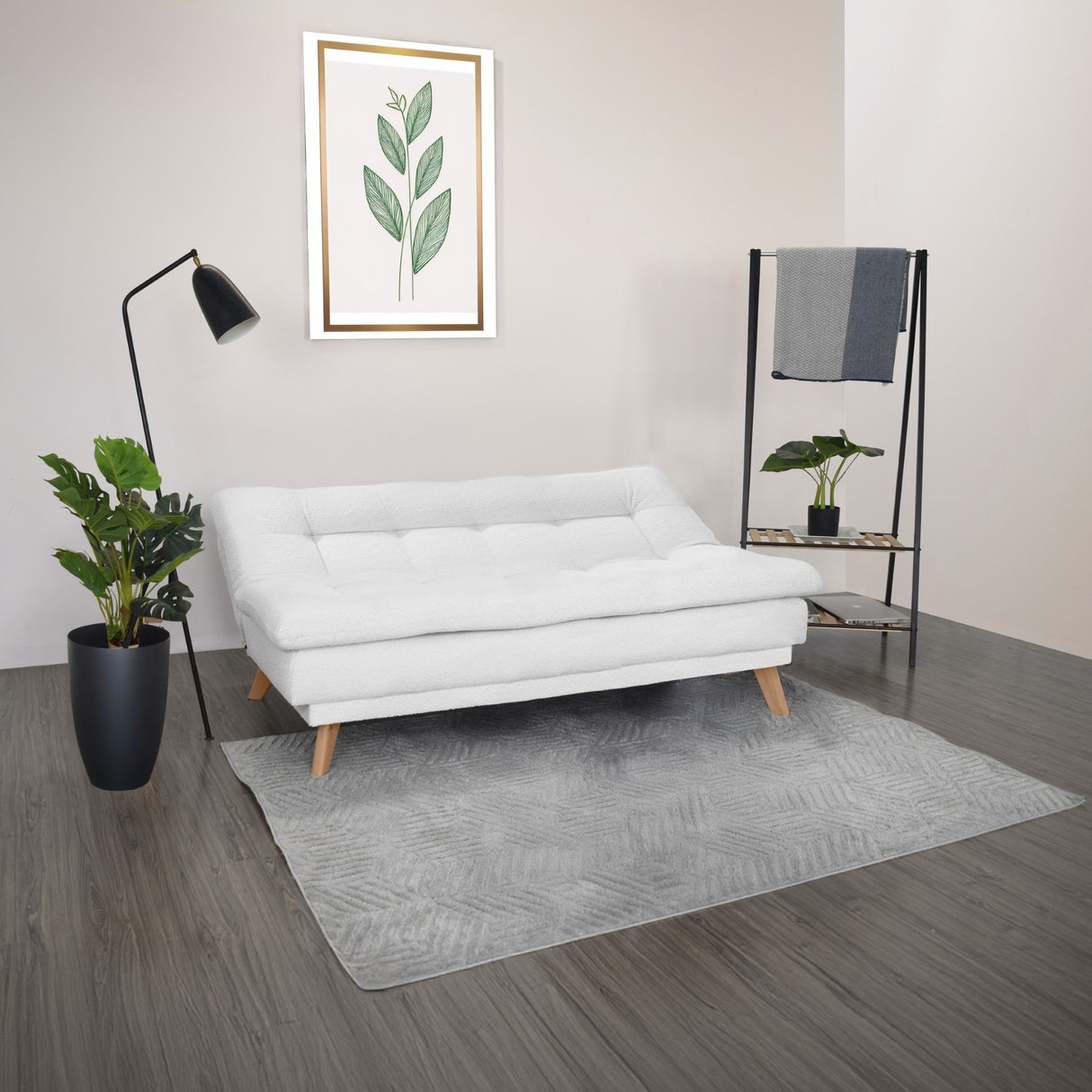 Sofá Cama Munich Blanco Shaggy y Matiz Natural 180x85cm de Tres Puestos Reclinable sin Apoya Brazos