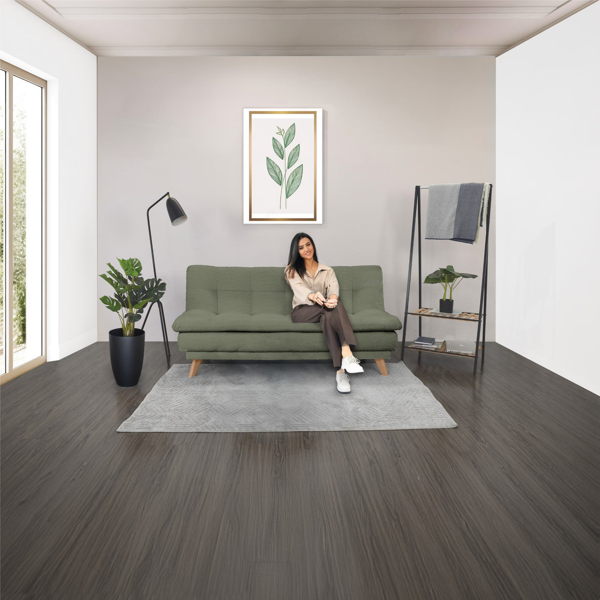 Sofá Cama Munich Verde Shaggy y Matiz Natural 180x85cm de Tres Puestos Reclinable sin Apoya Brazos