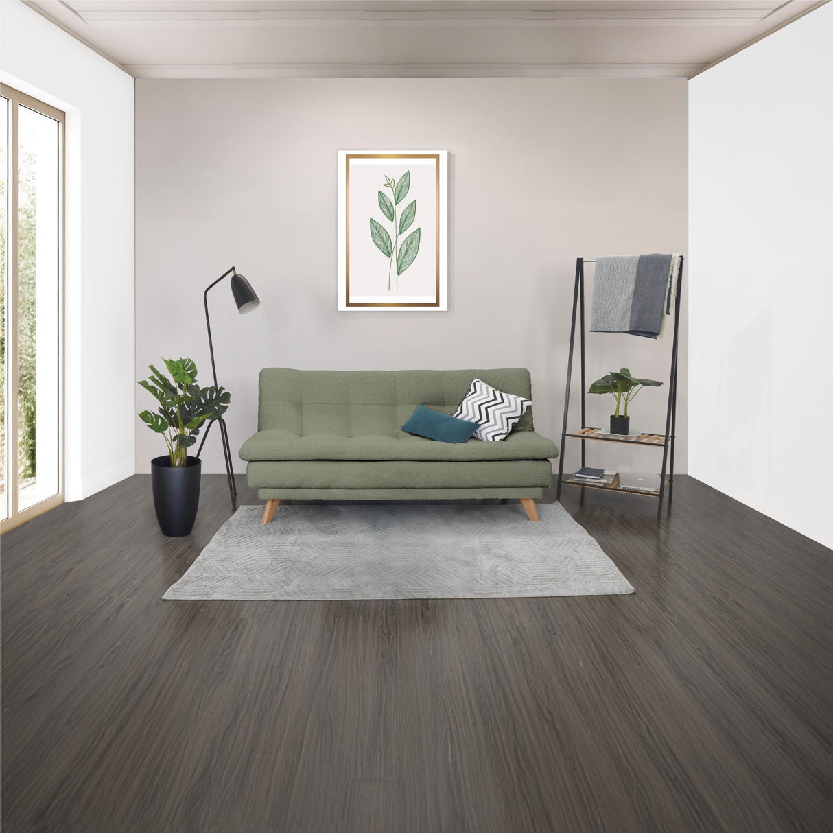 Sofá Cama Munich Verde Shaggy y Matiz Natural 180x85cm de Tres Puestos Reclinable sin Apoya Brazos