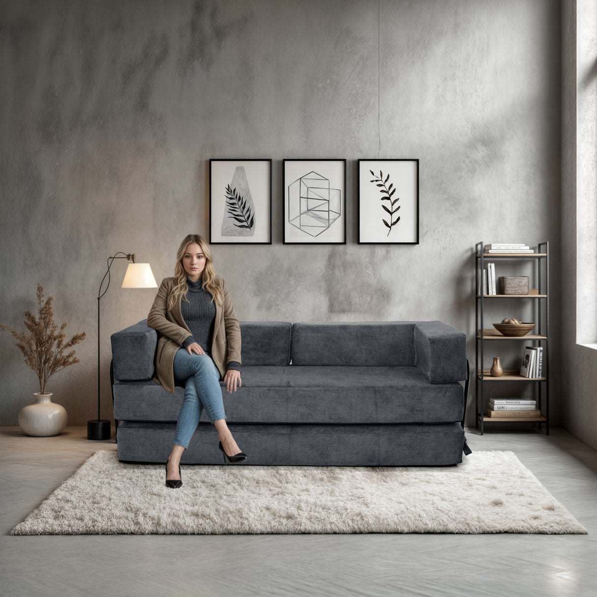 Sofá Cama Nablus Gris Sky y Metálico Negro 196x68cm de Tres Puestos sin Apoya Brazos