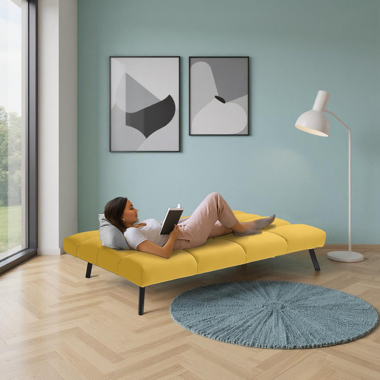 Sofá Cama Nivala Mostaza Denver y Metálico Negro 187x83cm de Tres Puestos Reclinable sin Apoya Brazos