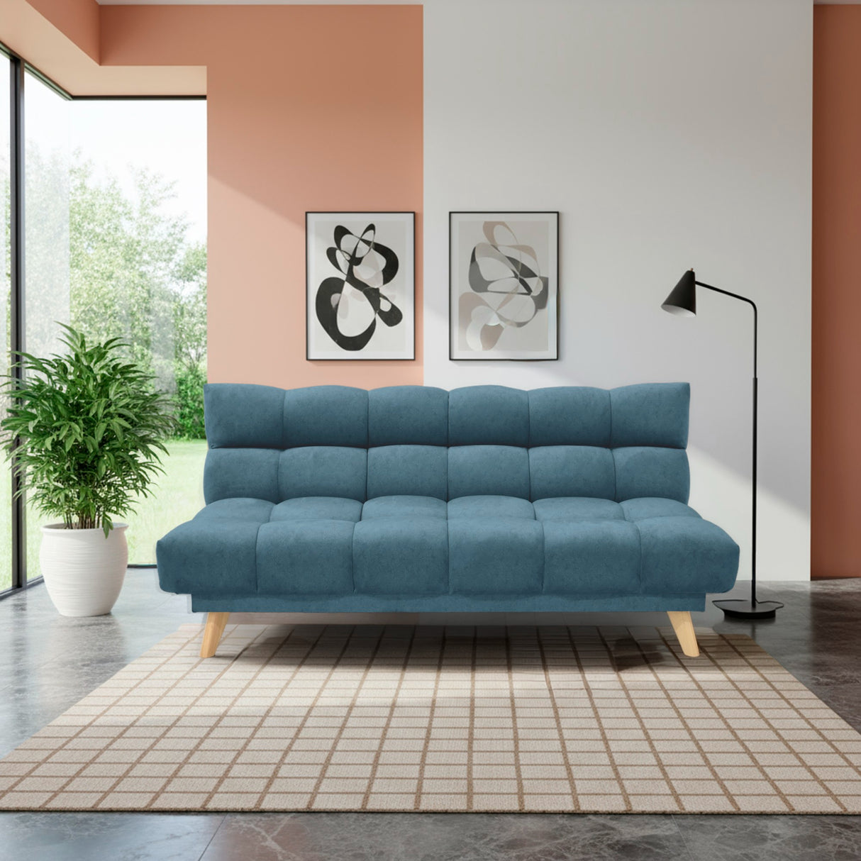 Sofá Cama Nubo Azul Sky y Matiz Natural 178x82cm de Tres Puestos Reclinable sin Apoya Brazos