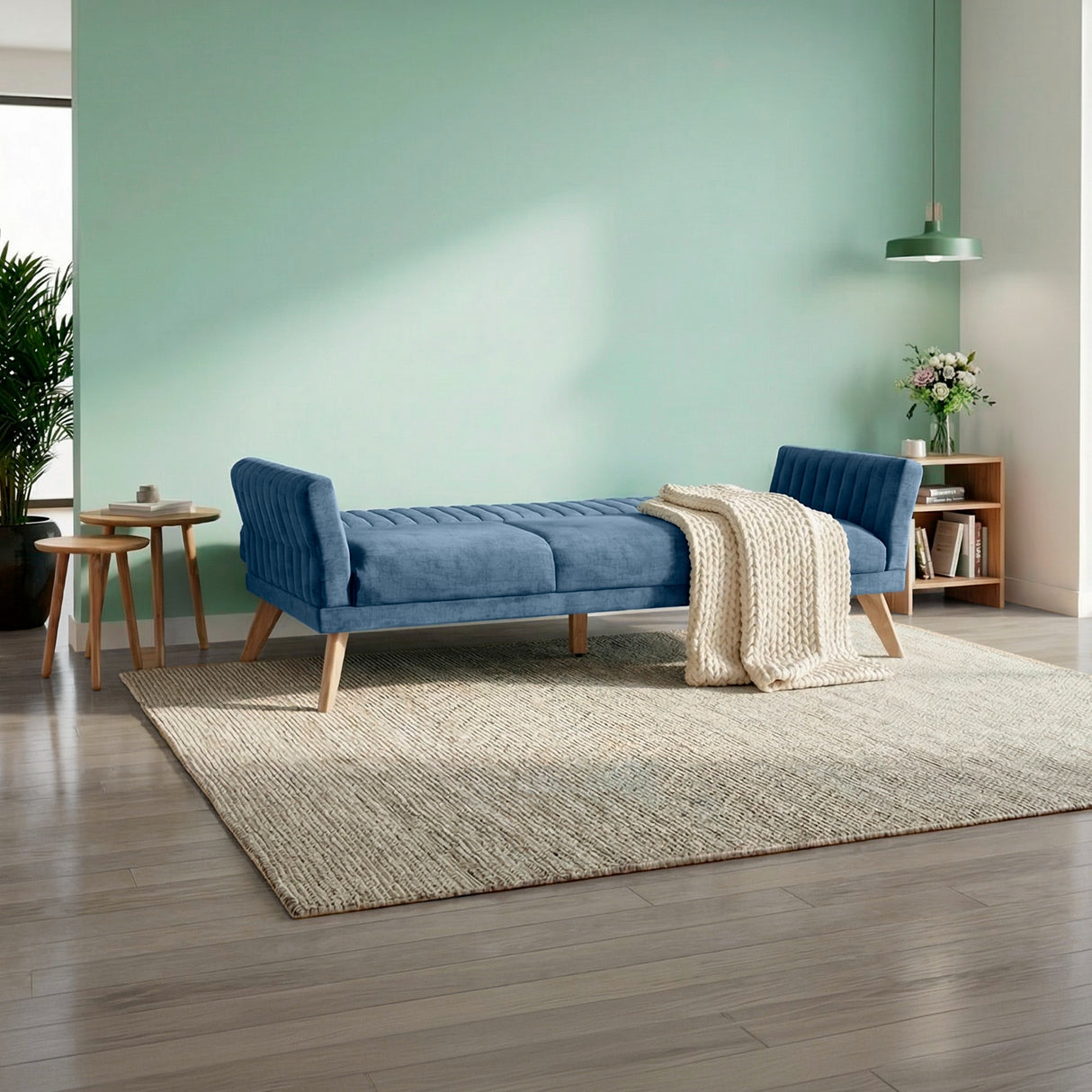 Sofá Cama Pensilvania Azul Sky y Matiz Caoba 205x87cm de Tres Puestos Reclinable con Apoya Brazos