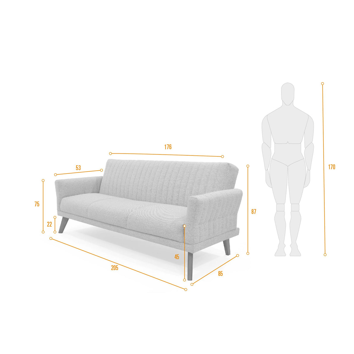 Sofá Cama Pensilvania Azul Sky y Matiz Caoba 205x87cm de Tres Puestos Reclinable con Apoya Brazos