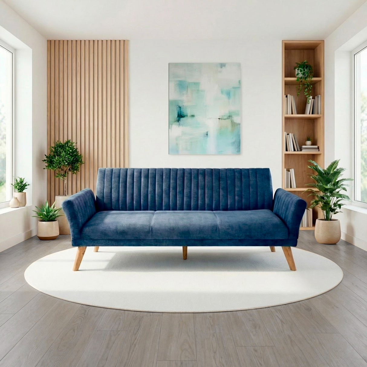 Sofá Cama Pensilvania Azul Sky y Matiz Caoba 205x87cm de Tres Puestos Reclinable con Apoya Brazos