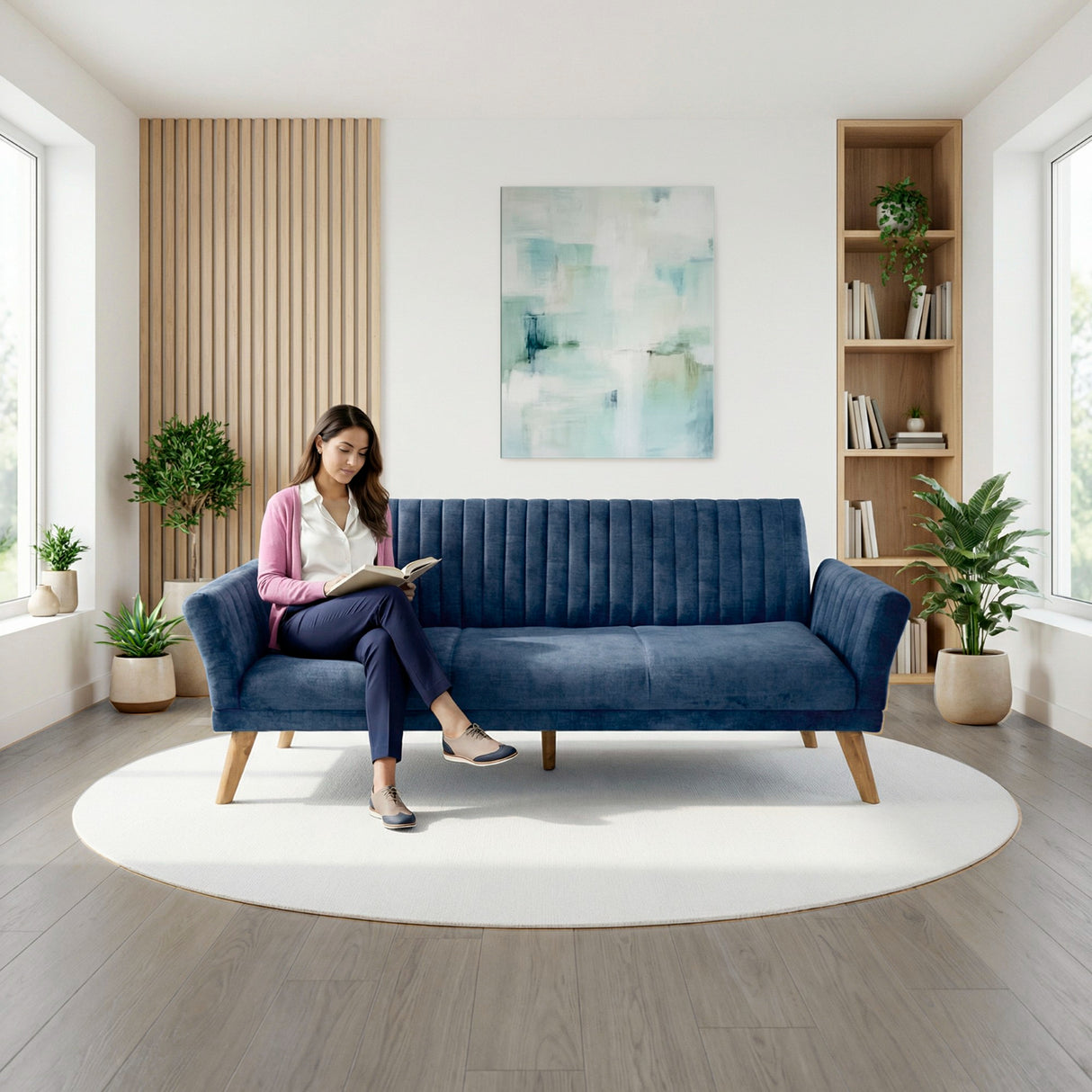 Sofá Cama Pensilvania Azul Sky y Matiz Caoba 205x87cm de Tres Puestos Reclinable con Apoya Brazos