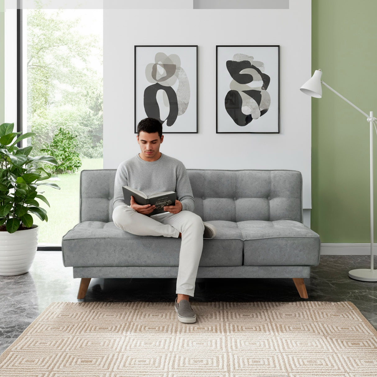 Sofá Cama Petra Gris Sky y Matiz Caoba 177x83cm de Tres Puestos Reclinable sin Apoya Brazos